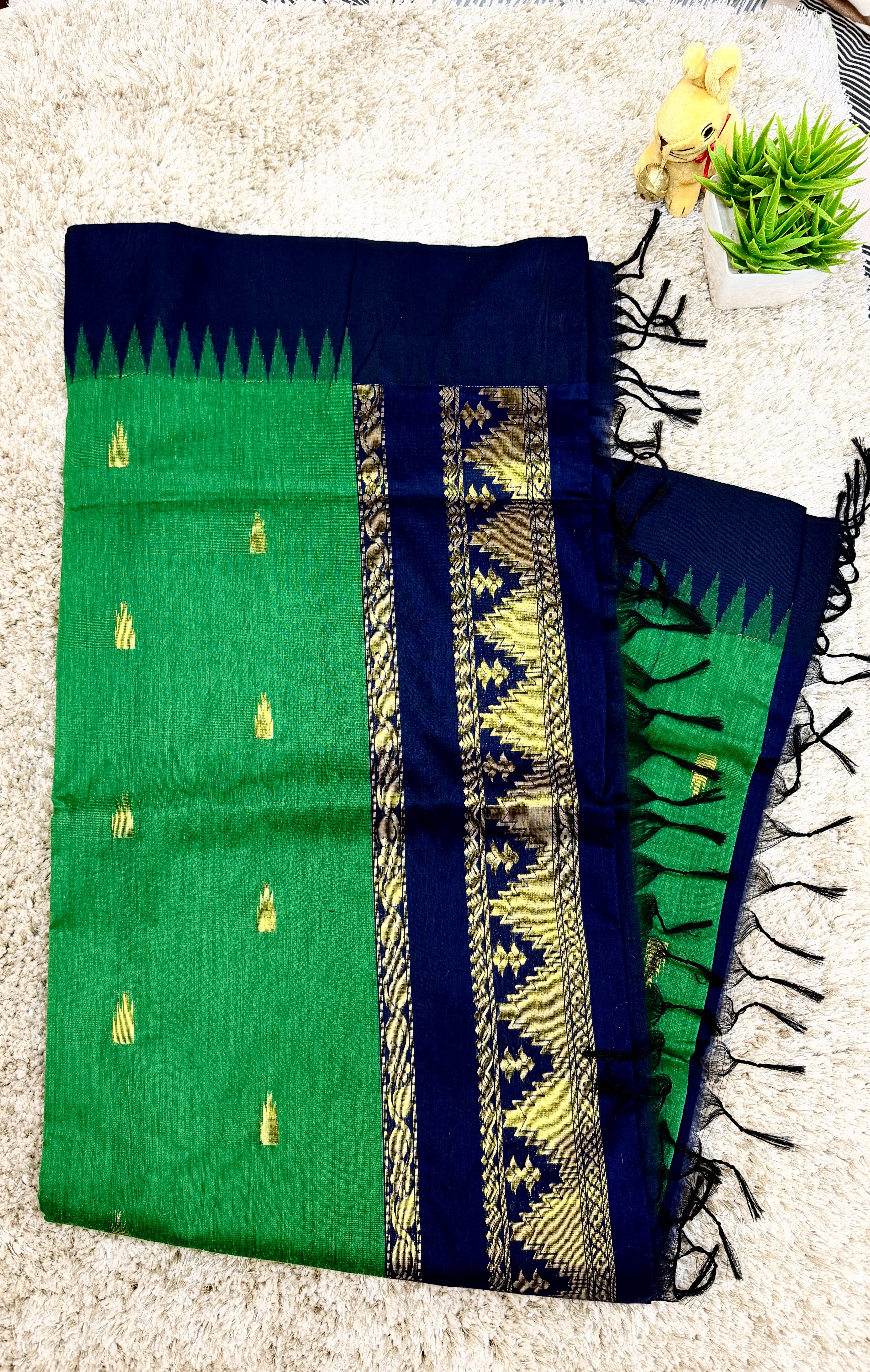 Elegant Green Saree with Navy Blue Border