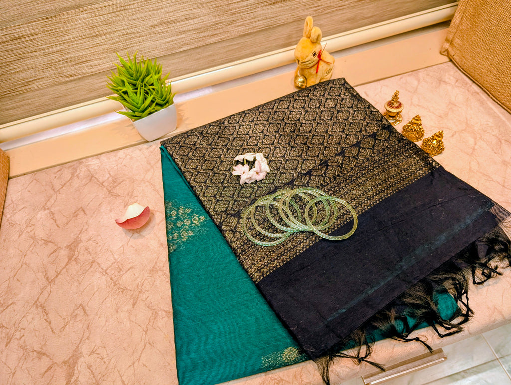 Elegant Blue and Teal Cotton Silk Saree