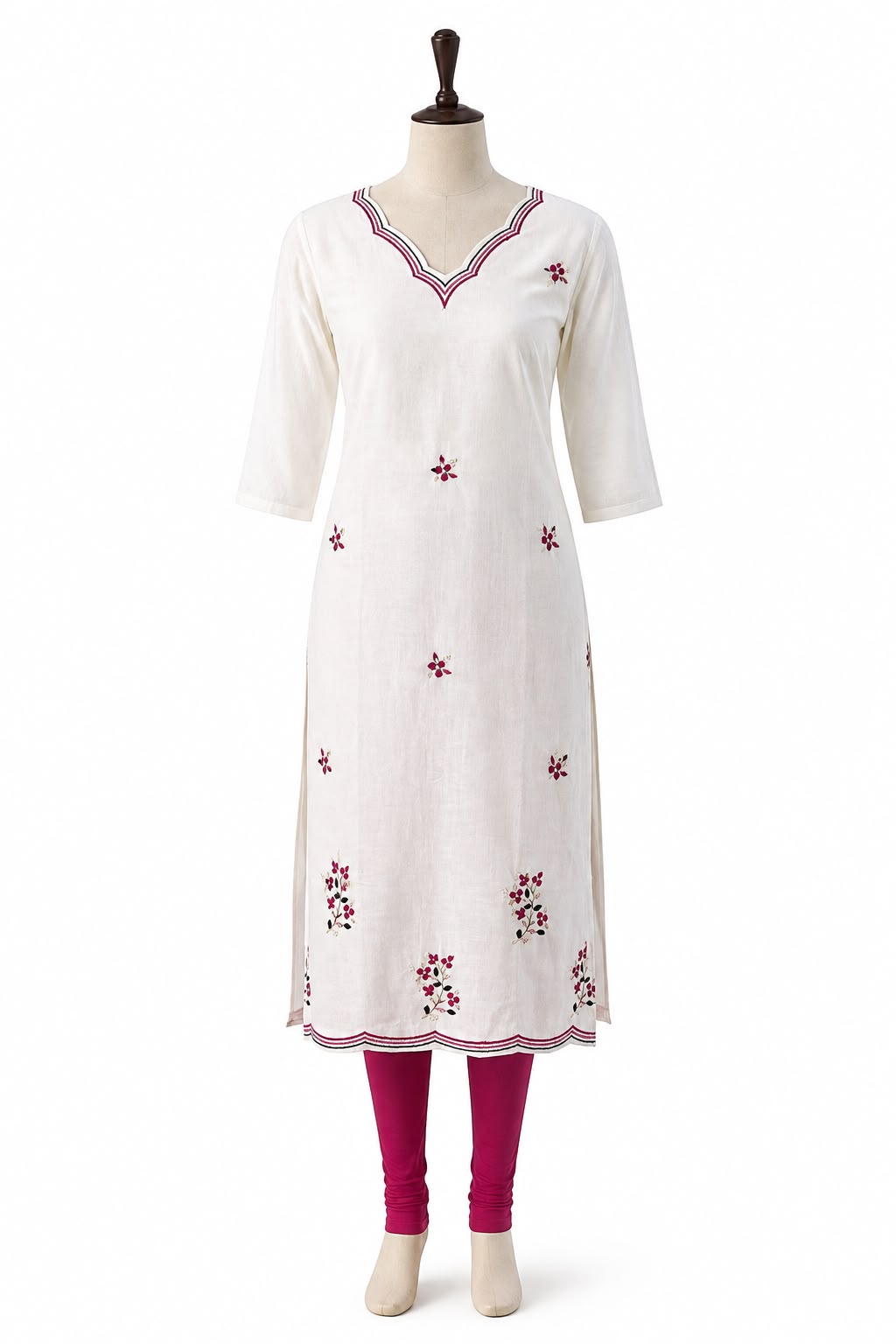 White Kurti with Floral Embroidery - Only Top