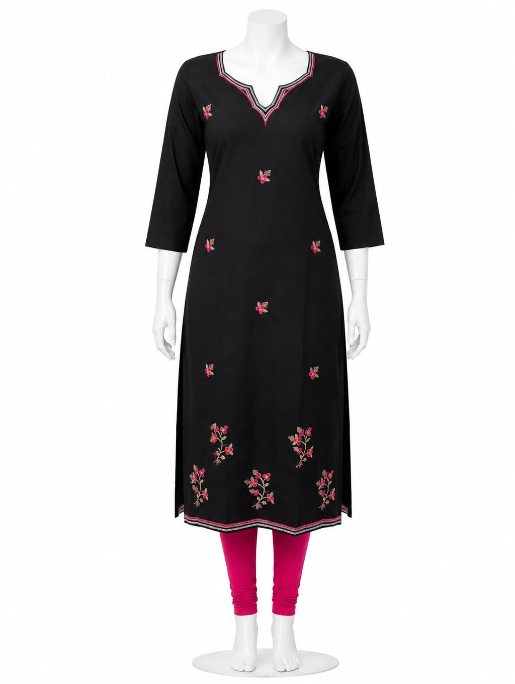 Black Kurti with Floral Embroidery - Only Top