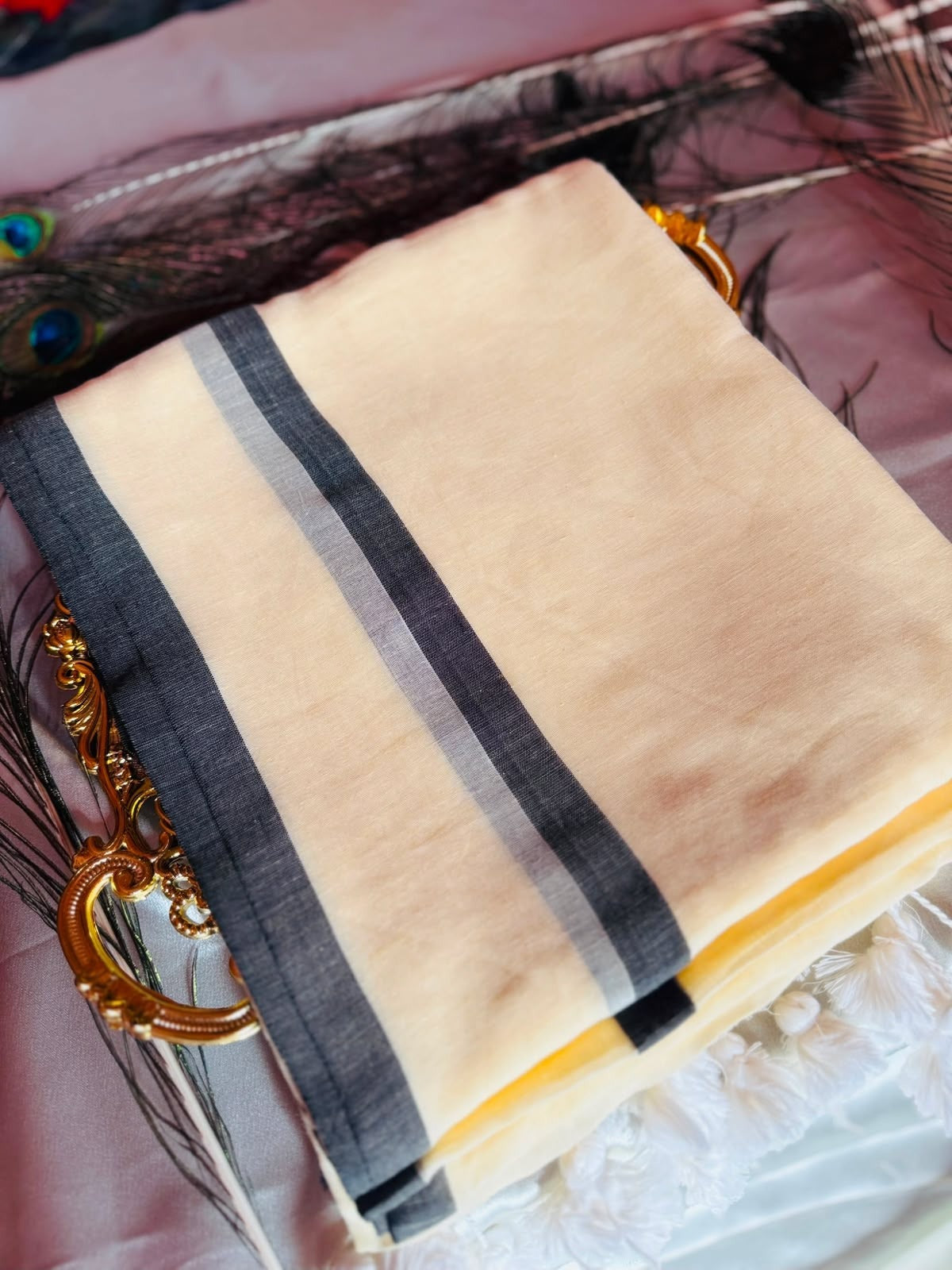 Off White Mulcotton Saree with Grey & Black Border