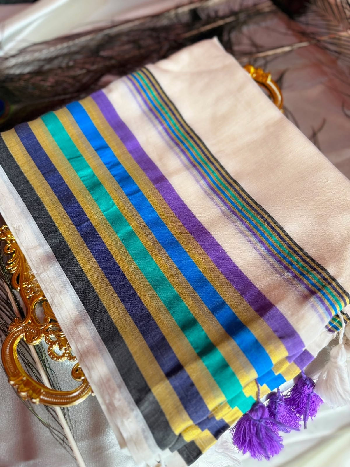 Cream Mulcotton Saree with Multicolour Stripe Border