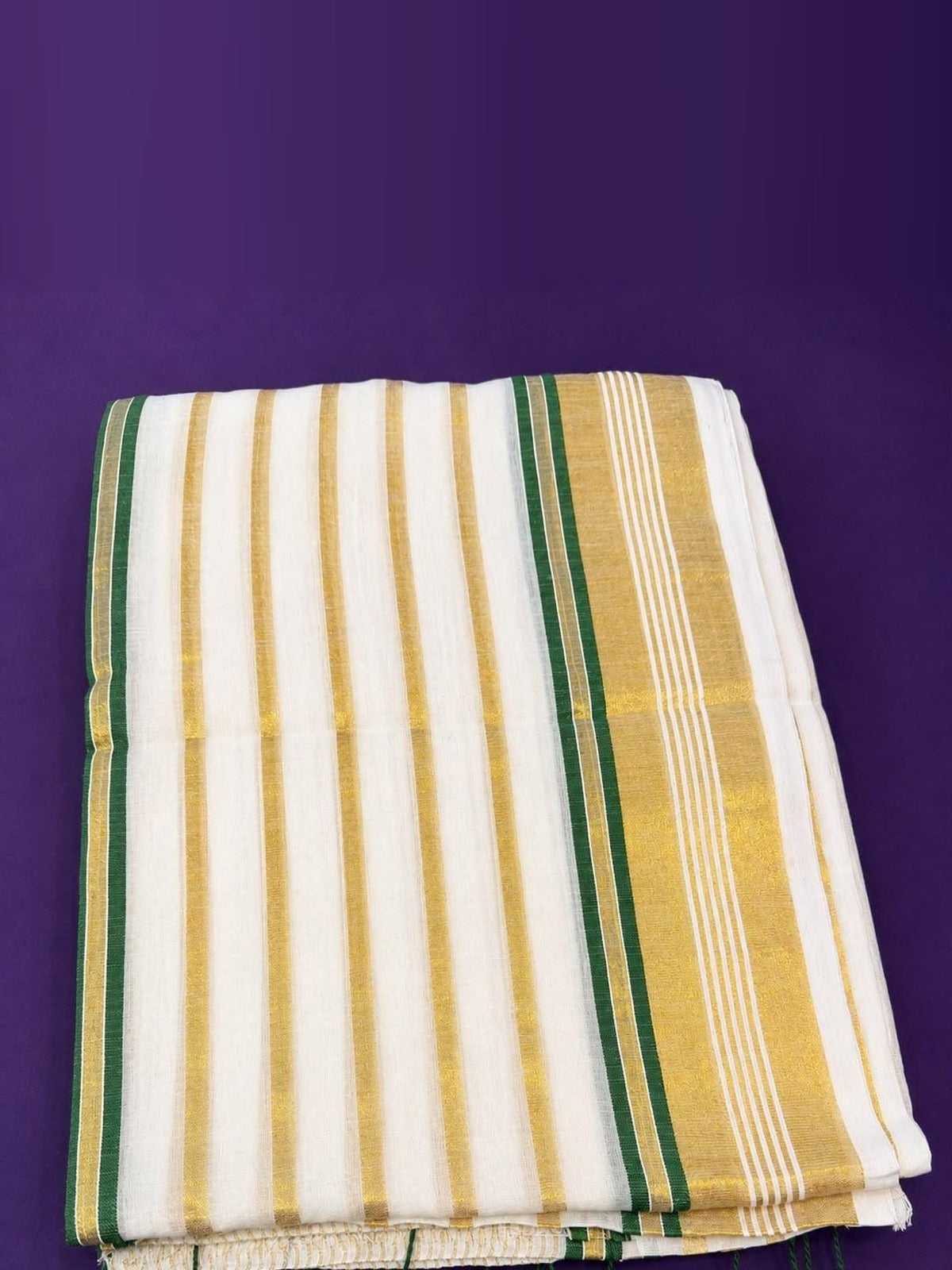 Off-White Mulcotton Kasavu Saree with Green & Gold Stripes