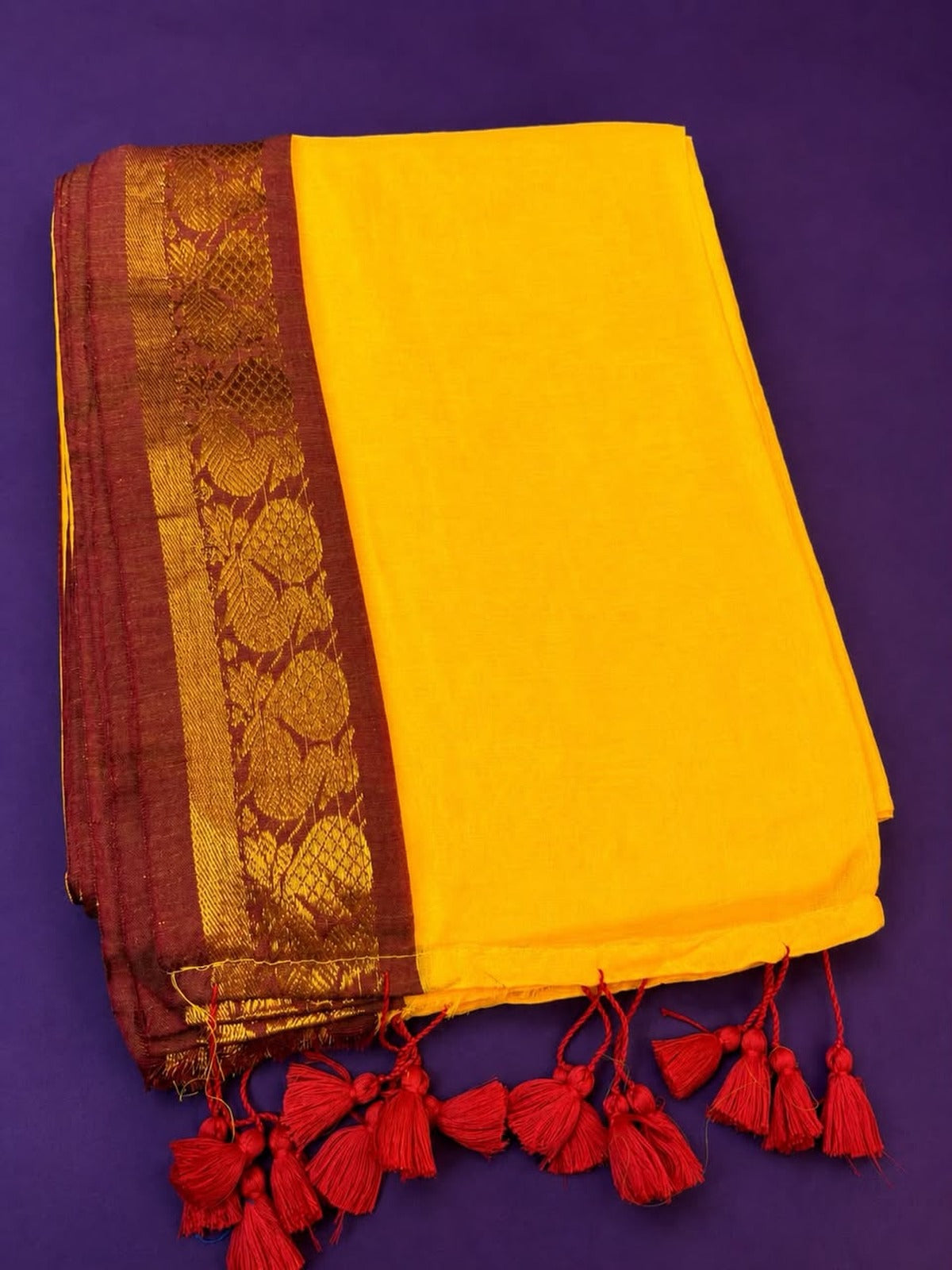Yellow Mulcotton Saree with Maroon Zari Border