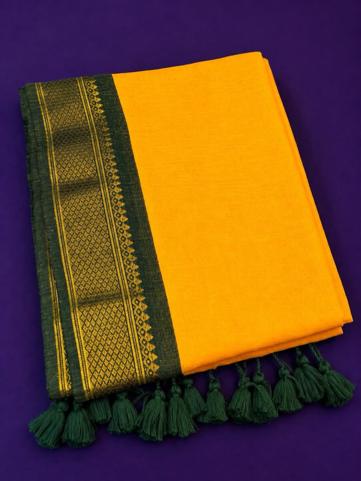 Mustard Yellow Mulcotton Saree with Dark Green Zari Border