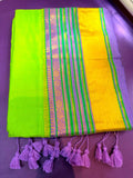 Parrot Green Mulcotton Saree with Purple & Gold Border